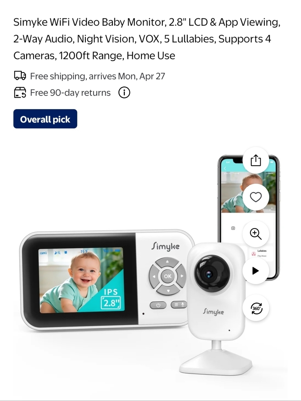 Simyke Baby Video Monitor with Screen and Camera - White
